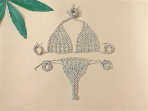 Hand Crochet Bikini Top Bottom Microkini Thong Boho Monokini Etsy