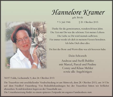 Traueranzeigen Von Hannelore Kramer Trauer36 De