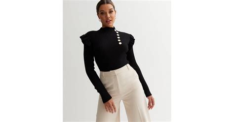 Cameo Rose Black Ribbed Knit Button Frill Jumper New Look