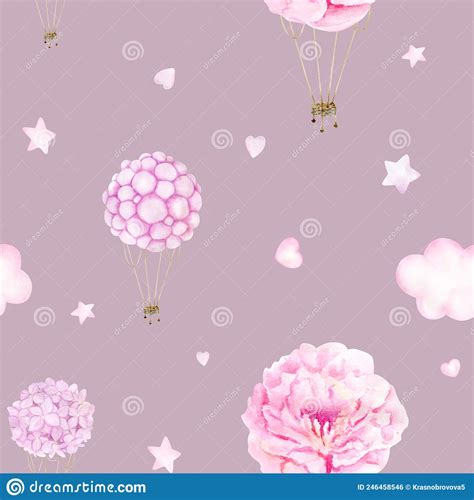 Watercolor Baby Seamless Pattern With Pink Hot Air Balloon Flowers Clouds And Stars Stock Photo