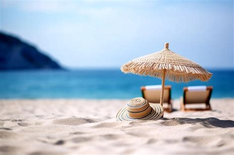 Premium Ai Image Summer Beach With Parasol And Sun Loungers