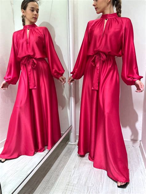 Vestito Lungo In Raso Fucsia Maniche Palloncino Vicolo Scintille Store