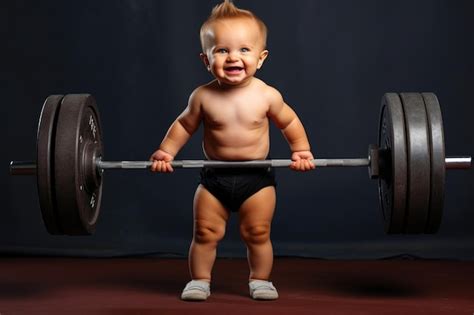 Premium Ai Image Adorable Baby Lifts Heavy Barbell And Laughs