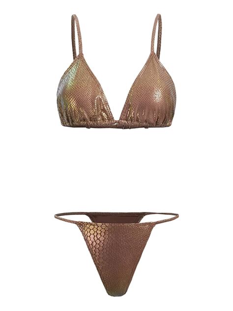 Ba Ador Bikini Con Tanga Con Estampado De Piel De Serpiente Dorado