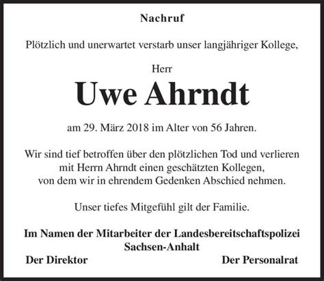 Traueranzeigen Von Uwe Arndt Abschied Nehmen De