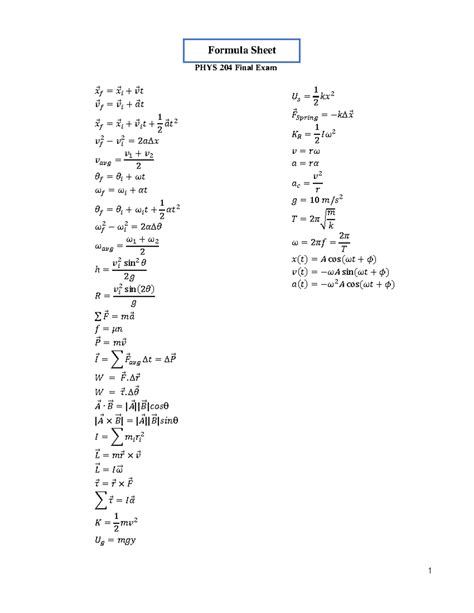 Phys 204 Final Exam Formula Sheet 1 Phys 204 Final Exam 𝑥⃗ 𝑓 𝑥⃗ 𝑖