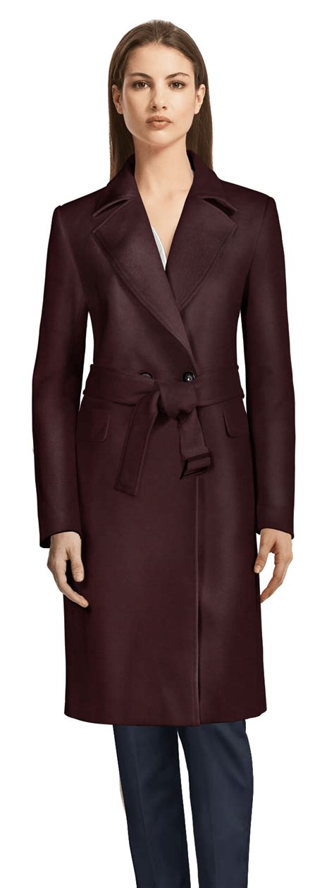 Long Burgundy Wool Trench Coat With Wide Lapels Sumissura