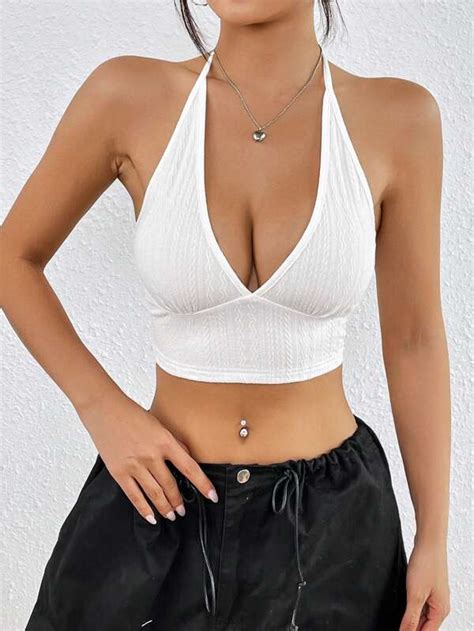 Shein Ezwear Solid Backless Crop Halter Top Shein Uk