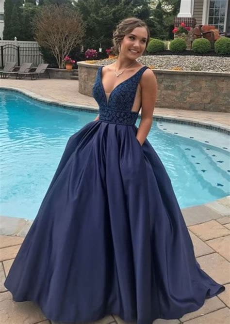 Unique V Neck Dark Blue Long Prom Dress Blue Evening Dress Backless Prom Dresses Trendy Prom