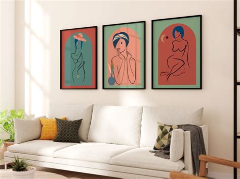 Woman Line Art Decor Set Of 3 Prints Naked Woman Wall Art Printable