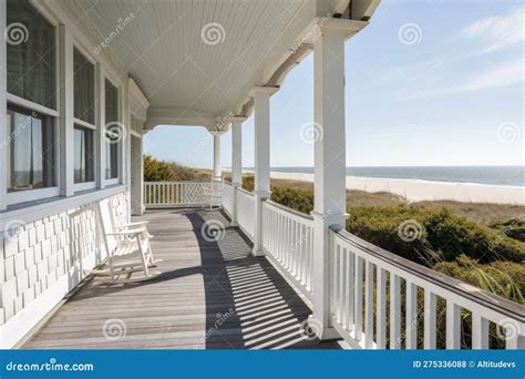 Cape Cod House With Wrap Around Porch Overlooking The Beach Stock