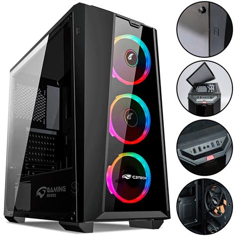 Gabinete Gamer 3 Fans Mid Tower USB 3 0 rgb Lateral em Acrílico no