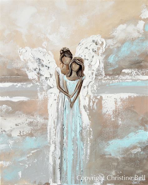 Angel Painting Print Guardian Angel With Woman Spiritual Wall Art Grey