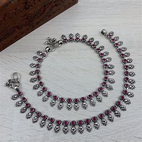 Pure Silver Oxidised Kemp Anklets - South India Jewels