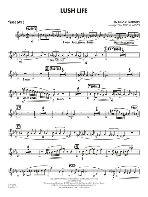 Lush Life Arr Mike Tomaro Tenor Sax 2 By Billy Strayhorn Sheet