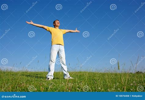 Happy Young Man On The Meadow Stock Photo Image Of Healthy Outdoors