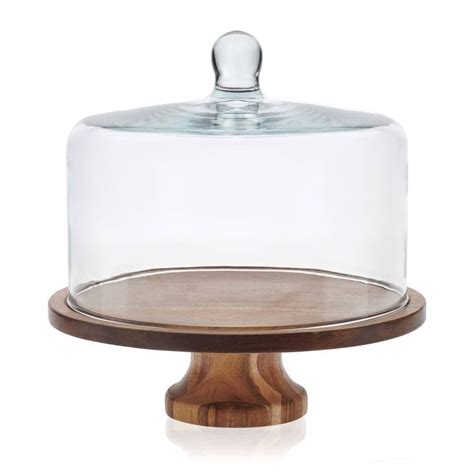 Libbey Acaciawood Footed Round Wood Server Cake Stand With Glass Dome 2