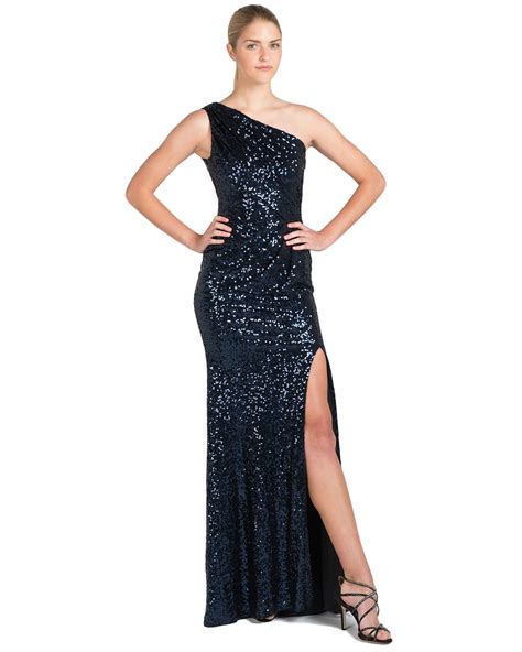 Badgley Mischka Sequin One Shoulder Evening Gown In Blue Navy Lyst