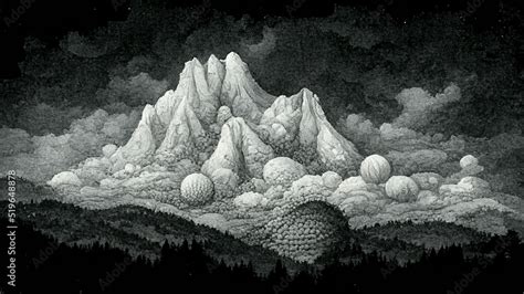 Abstract digital pencil drawing of dark clouds over mountain landscape. Digital dark fantasy art ...