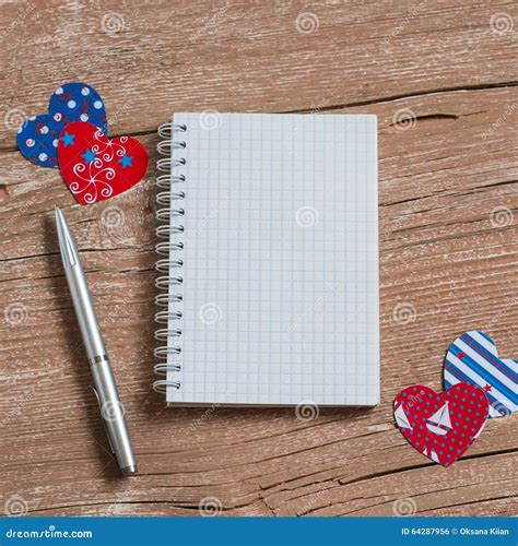 Open A Clean Notepad Pen And Paper Hearts Valentine S Day Rustic