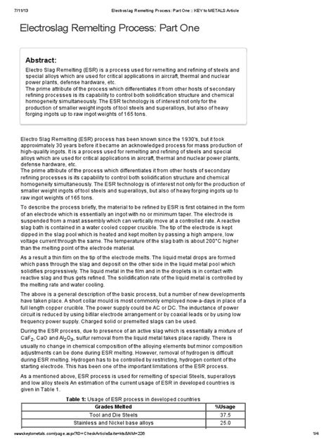 Pdf Electroslag Remelting Process Part One Key To Metals Article