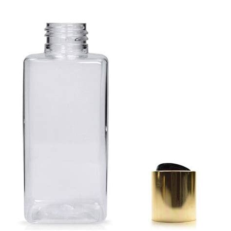 Square Plastic Bottle With Gold Disc Top Ampulla Ltd