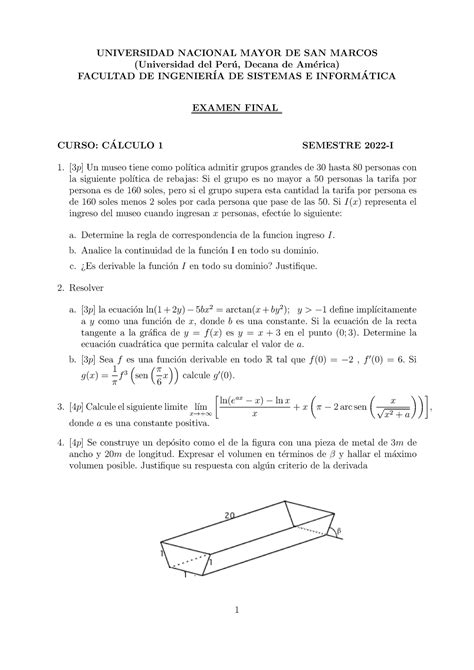 Examen Final Calculo 1 Unmsm 2022 01 Universidad Nacional Mayor De San Marcos Universidad Del