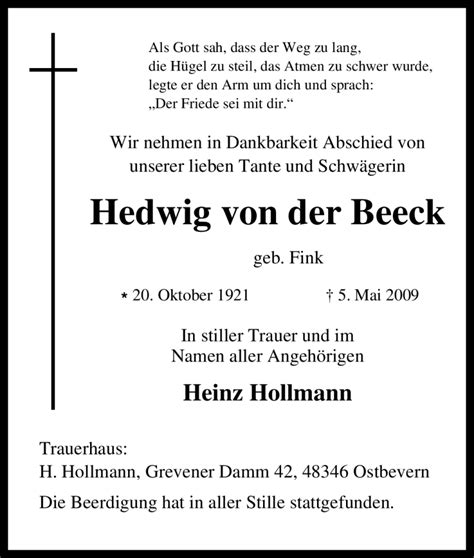 Traueranzeigen Von Hedwig Von Der Beeck Trauer In NRW De