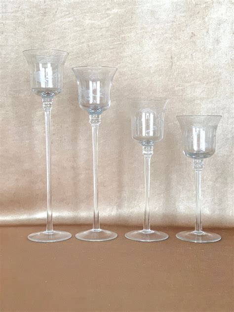 Set Of Hurricane Candle Holders Etched Glass Long Stem Candle Etsy Glass Votive Candle