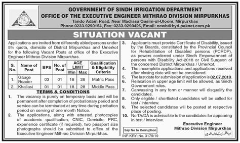 Irrigation Department Govt Of Sindh Jobs Jun Prepistan Jobs