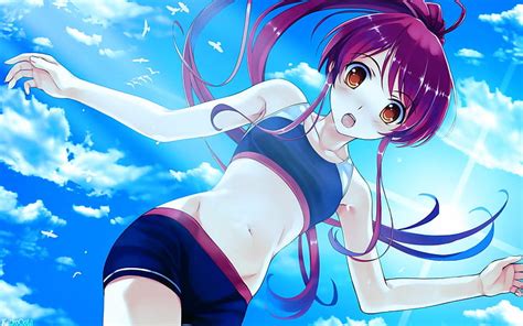 Hd Wallpaper Video Games Clouds Birds Redheads Long Hair Visual Novels Gym Uniforms Blush Navel