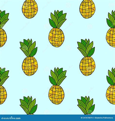 Cartoon Doodle Pineapple Seamless Pattern Hand Drawn Fruit Background Stock Vector