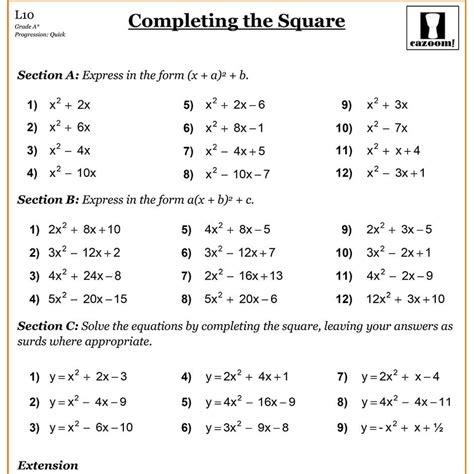 Completing The Square Worksheet – Zip Worksheet