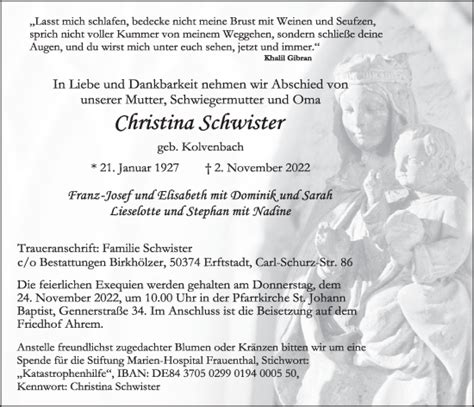 Traueranzeigen Von Christina Schwister Wirtrauern