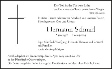 Traueranzeigen Von Hermann Schmid Schwaebische De Trauerportal