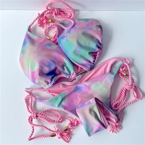 No Brand Swim Nwt L Brazilian Thong Faded Pastel Tie Dye Bikini Coral Pink Multi Braided