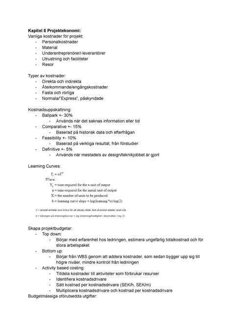 Dugga 2 Projektledning Kapitel 8 Projektekonomi Vanliga Kostnader