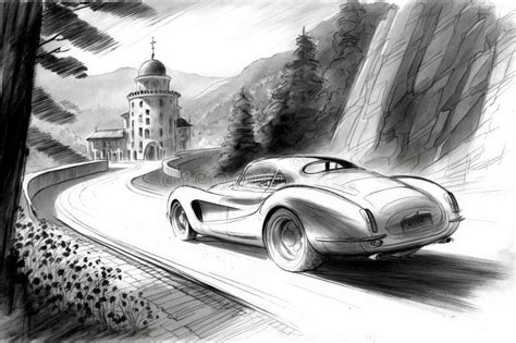 Car Design Pencil Sketch With View Of The Vehicle Driving Down A