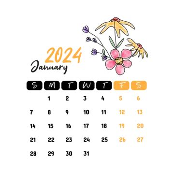 January 2024 Floral Monthly Calendar Design Vector January Floral