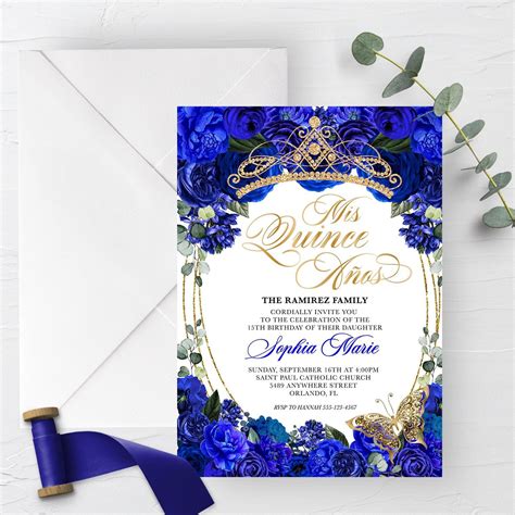 EDITABLE Invitation Elegant Royal Blue Floral Quinceanera Invitation