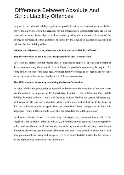 Difference Between Absolute And Strict Liability Offences Studocu