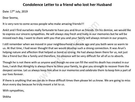 Condolence Letter To A Friend Who Lost Her Husband Condolence Letter