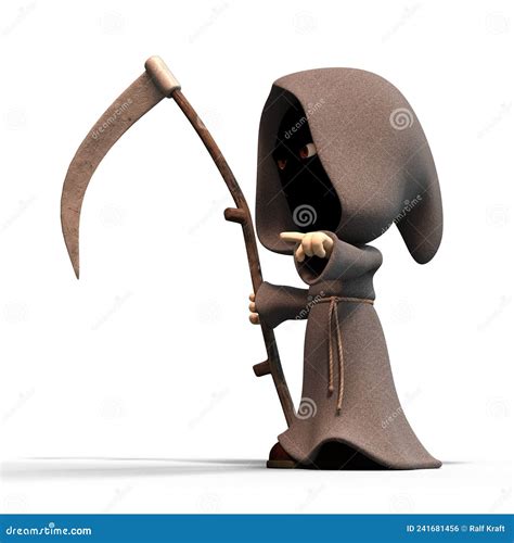 D Illustration Of A Cute And Funny Cartoon Reaper With Scythe Stock