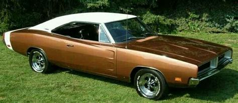 A Brown And White Muscle Car Parked In The Grass