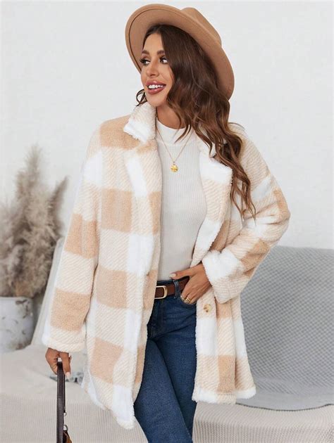 Shein Lune Buffalo Plaid Pattern Drop Shoulder Teddy Coat Shein Usa