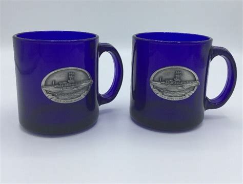 Cobalt Blue Coffee Mug U S S Ronald Reagan Pewter Metal Emblem Set Of