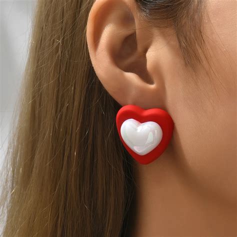 Red Acrylic Love Heart Pearl Earrings For Women Fashion Bohemia Trendy