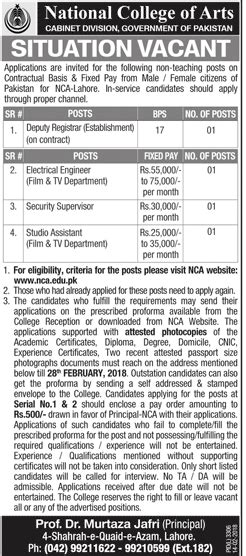 National College Of Arts NCA Job 2018 2024 Job Advertisement Pakistan