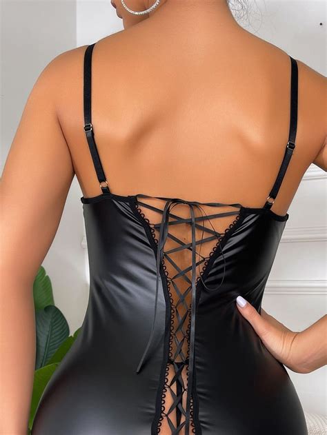 Womens Sexy Lingerie Black Faux Pvc Leather Nightie Clubwear Mini Dress