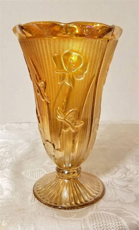 Jeanette Marigold Carnival Glass Iris And Herringbone Vase Etsy Carnival Glass Vintage